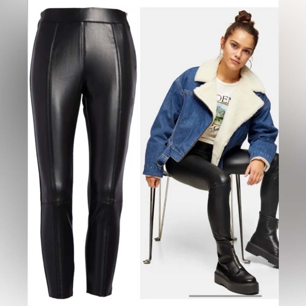 Topshop Sara Faux Leather Black Side Zip Legging Pant, Size 4